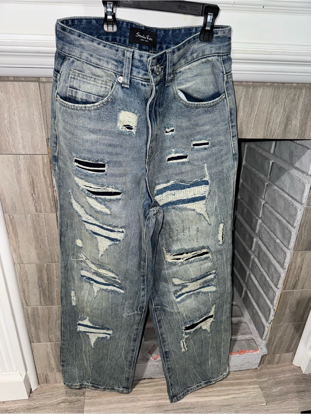 SMOKE RISE - "HALFORD" LAYERED HEAVY RIP & REPAIR JEANS IN ASPEN BLUE